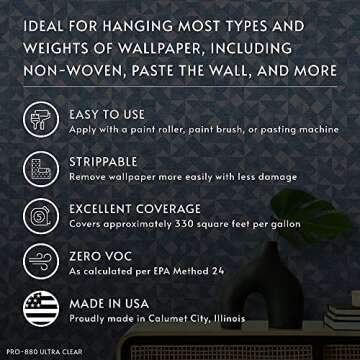 Roman PRO-880 Wallpaper Adhesive & Paste for Any Wallcovering - Ultra Clear Strippable, 1 Gallon(330 sq. ft)
