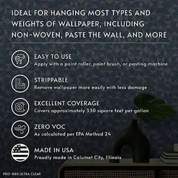 Roman PRO-880 Wallpaper Adhesive & Paste for Any Wallcovering - Ultra Clear Strippable, 1 Gallon(330 sq. ft)