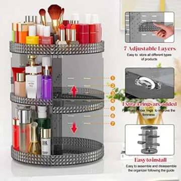 Awenia Makeup Organizer 360-Degree Rotating, Adjustable Makeup Storage, 7 Layers Large Capacity Cosmetic Storage Unit, Fits Different Types of Cosmetics and Accessories, Plus Size(Deep Gray)