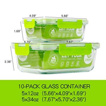 C CREST Glass Containers for Food Storage with Lids, [10-Pack] Meal Prep Containers for Kitchen, Hom...