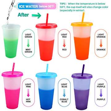 EASEVE Color Changing Cups with Lids and Straws - 6 Pack 24 oz Reusable Plastic Tumblers with Lids and Straws for Adults Kid Party, Bulk Tumblers for Iced Coffee Tea and Smoothie