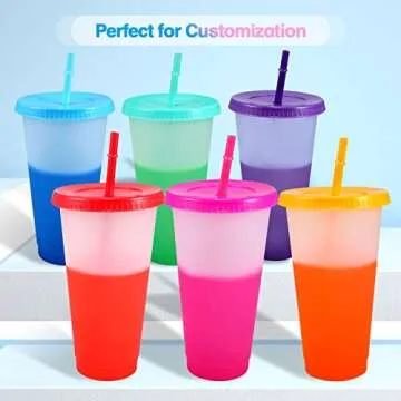 EASEVE Color Changing Cups with Lids and Straws - 6 Pack 24 oz Reusable Plastic Tumblers with Lids and Straws for Adults Kid Party, Bulk Tumblers for Iced Coffee Tea and Smoothie