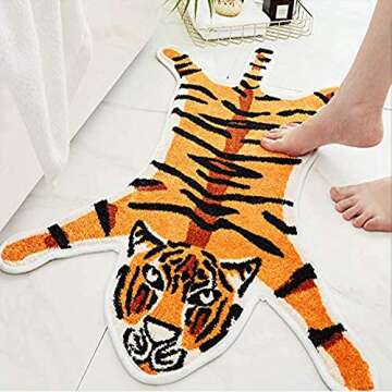 Tiger Printed Rug/Mat for Bathroom, Faux Tiger Non-Slip Door Mat Area Rug Absorbent Bathtub Rug for Small Home Decor Animal Printed Carpet Bathroom Plush Shower Rugs (Orange)