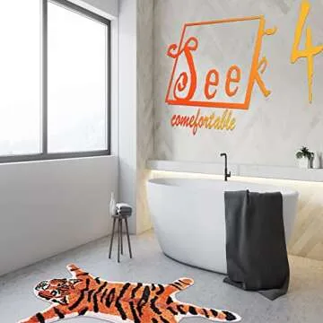 Tiger Printed Rug/Mat for Bathroom, Faux Tiger Non-Slip Door Mat Area Rug Absorbent Bathtub Rug for Small Home Decor Animal Printed Carpet Bathroom Plush Shower Rugs (Orange)
