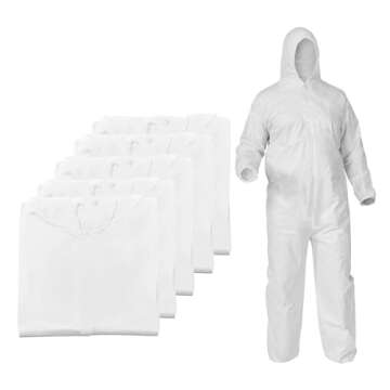 Disposable Coveralls with Hood | White | 5 Pack | Extra Large (XL) | Protective Tyvek Coverall Suit