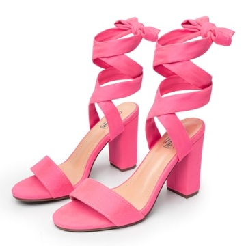 Trary Heels for Women, Hot Pink Heels, Womens Heels, Strappy Heels for Women, Tie Up Block Heels for Women,Heeled Sandals for Women, High Heels Chunky Heels, Prom Shoes Women, Pink Heels for Women 08