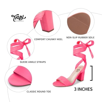 Trary Heels for Women, Hot Pink Heels, Womens Heels, Strappy Heels for Women, Tie Up Block Heels for Women,Heeled Sandals for Women, High Heels Chunky Heels, Prom Shoes Women, Pink Heels for Women 08