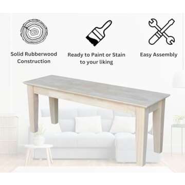 IC International Concepts Farmhouse Bench Solid Parawood Entryway Dining Bedroom Furniture, 14.4"W x 47"D x 18.7"H, Paint or Stain in Any Color, Unfinished