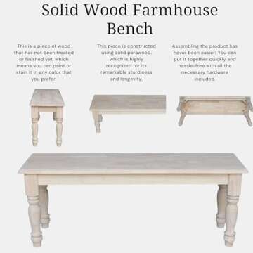 IC International Concepts Farmhouse Bench Solid Parawood Entryway Dining Bedroom Furniture, 14.4"W x 47"D x 18.7"H, Paint or Stain in Any Color, Unfinished