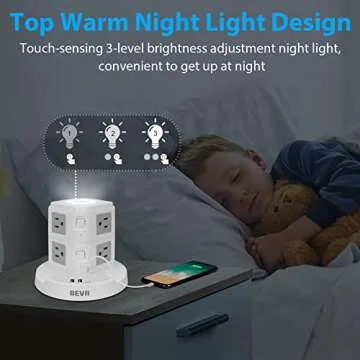 Power Strip Tower BEVA Power Strip with USB Ports Electric Charging Station with Night Light, 6.6ft Extension Cord with 3 USB Ports 8 AC Outlets Charging Tower for Home Office Dorm Smartphones Tablets