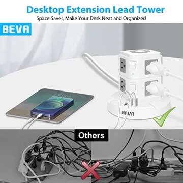 Power Strip Tower BEVA Power Strip with USB Ports Electric Charging Station with Night Light, 6.6ft Extension Cord with 3 USB Ports 8 AC Outlets Charging Tower for Home Office Dorm Smartphones Tablets