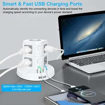 Power Strip Tower BEVA Power Strip with USB Ports Electric Charging Station with Night Light, 6.6ft Extension Cord with 3 USB Ports 8 AC Outlets Charging Tower for Home Office Dorm Smartphones Tablets