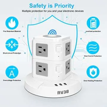 Power Strip Tower BEVA Power Strip with USB Ports Electric Charging Station with Night Light, 6.6ft Extension Cord with 3 USB Ports 8 AC Outlets Charging Tower for Home Office Dorm Smartphones Tablets