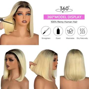 Msviki 4/613 Blonde Ombre Bob Human Hair Wig Short Straight Bob Wigs Double Drawn 13x4 UHD Transparent Lace Frontal Wigs For Women With Dark Roots 180% Density Brazilian Remy Human Hair Wig Preplucked