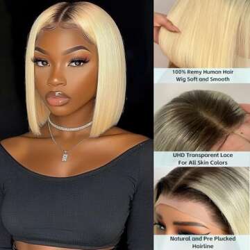 Msviki 4/613 Blonde Ombre Bob Human Hair Wig Short Straight Bob Wigs Double Drawn 13x4 UHD Transparent Lace Frontal Wigs For Women With Dark Roots 180% Density Brazilian Remy Human Hair Wig Preplucked