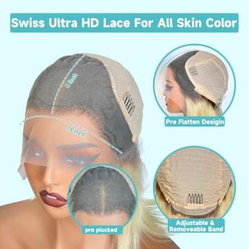 Msviki 4/613 Blonde Ombre Bob Human Hair Wig Short Straight Bob Wigs Double Drawn 13x4 UHD Transparent Lace Frontal Wigs For Women With Dark Roots 180% Density Brazilian Remy Human Hair Wig Preplucked