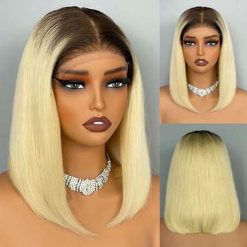Msviki 4/613 Blonde Ombre Bob Human Hair Wig Short Straight Bob Wigs Double Drawn 13x4 UHD Transparent Lace Frontal Wigs For Women With Dark Roots 180% Density Brazilian Remy Human Hair Wig Preplucked