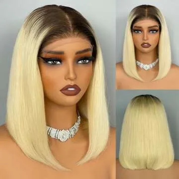 Msviki 4/613 Blonde Ombre Bob Human Hair Wig Short Straight Bob Wigs Double Drawn 13x4 UHD Transparent Lace Frontal Wigs For Women With Dark Roots 180% Density Brazilian Remy Human Hair Wig Preplucked