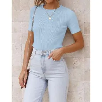 ZESICA Women's Short Sleeve Crewneck T Shirt 2025 Summer Ribbed Knit Slim Fit Basic Solid Color Tee ...