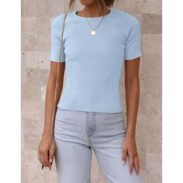 ZESICA Women's Short Sleeve Crewneck T Shirt 2025 Summer Ribbed Knit Slim Fit Basic Solid Color Tee Tops,SkyBlue,Small