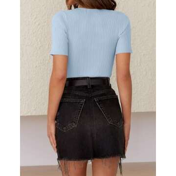 ZESICA Women's Short Sleeve Crewneck T Shirt 2025 Summer Ribbed Knit Slim Fit Basic Solid Color Tee Tops,SkyBlue,Small