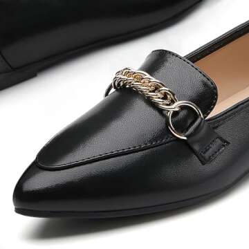 Tilocow Metal Chain Black Loafers for Women Pointed Toe Slip on Flats Comfortable Fashion Work Shoes...