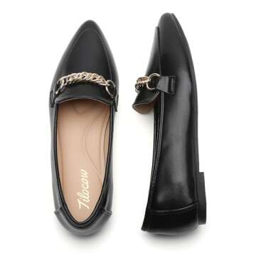 Tilocow Metal Chain Black Loafers for Women Pointed Toe Slip on Flats Comfortable Fashion Work Shoes Size 7