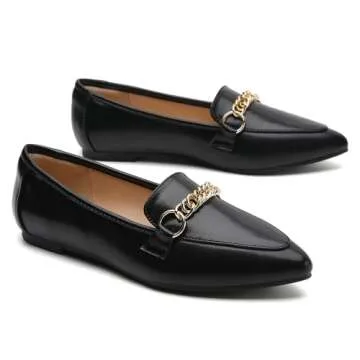 Tilocow Metal Chain Black Loafers for Women Pointed Toe Slip on Flats Comfortable Fashion Work Shoes Size 7