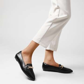 Tilocow Metal Chain Black Loafers for Women Pointed Toe Slip on Flats Comfortable Fashion Work Shoes Size 7