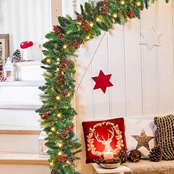 Juegoal 9FT Christmas Garland, Pre-lit Artificial Garland Decorations Greenery with Flowers, Berries Cones Balls Ornament, Warm White 50 LED Lights, Indoor/Outdoor, Flocked with Mixed Decor