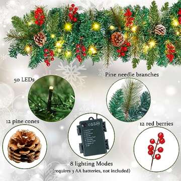 Juegoal 9FT Christmas Garland, Pre-lit Artificial Garland Decorations Greenery with Flowers, Berries Cones Balls Ornament, Warm White 50 LED Lights, Indoor/Outdoor, Flocked with Mixed Decor