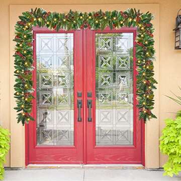 Juegoal 9FT Christmas Garland, Pre-lit Artificial Garland Decorations Greenery with Flowers, Berries Cones Balls Ornament, Warm White 50 LED Lights, Indoor/Outdoor, Flocked with Mixed Decor