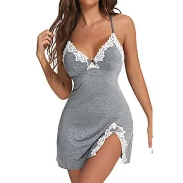Aranmei Women Sexy Lace Chemise Nightgown Sleepwear V Neck Full Slip Babydoll Lingerie Sleep Dress(Gray Medium)