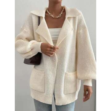 SHEWIN Women Chunky Soft Cardigan with Pockets Button Up Fashion Sweater Boyfriend Outfits Beige Large