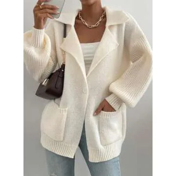 SHEWIN Women Chunky Soft Cardigan with Pockets Button Up Fashion Sweater Boyfriend Outfits Beige Large
