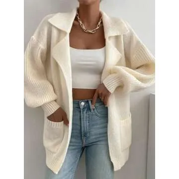 SHEWIN Women Chunky Soft Cardigan with Pockets Button Up Fashion Sweater Boyfriend Outfits Beige Large