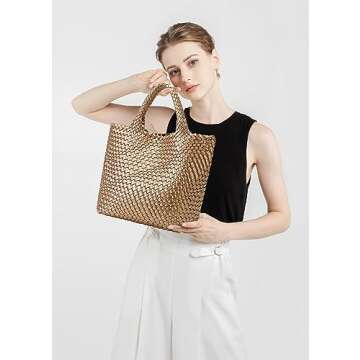 Woven Bag for Women, Vegan Leather Tote Bag Large Summer Beach Travel Handbag and Purse Retro Handma...