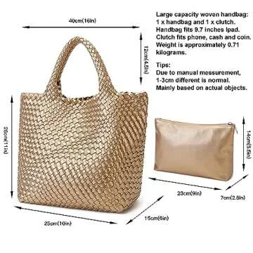 Woven Bag for Women, Vegan Leather Tote Bag Large Summer Beach Travel Handbag and Purse Retro Handmade Shoulder Bag (Golden)