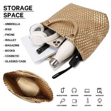 Woven Bag for Women, Vegan Leather Tote Bag Large Summer Beach Travel Handbag and Purse Retro Handmade Shoulder Bag (Golden)