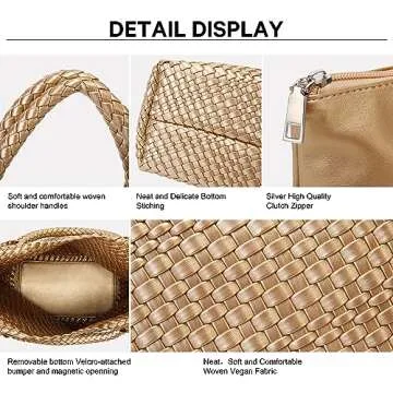 Woven Bag for Women, Vegan Leather Tote Bag Large Summer Beach Travel Handbag and Purse Retro Handmade Shoulder Bag (Golden)