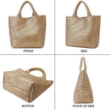 Woven Bag for Women, Vegan Leather Tote Bag Large Summer Beach Travel Handbag and Purse Retro Handmade Shoulder Bag (Golden)
