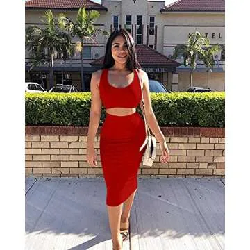 GOBLES Women's Sexy Summer Outfits Bodycon Tank Top Midi Skirt 2 Piece Dress Red
