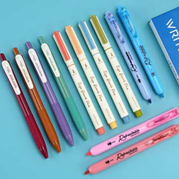 WRITECH Journaling Pens Set, Includes 4 Retractable Highlighters, 4 Retractable Gel Ink Pens, and 4 Brush Pens, No Bleed Assorted Colors, 12-Count (Mild Set)