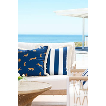 Hofdeco Premium Tropical Patio Indoor Outdoor Pillow Cover Only, 20"x20" Water Resistant for Backyard, Couch, Navy Blue Leopard Fringe