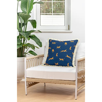 Hofdeco Premium Tropical Patio Indoor Outdoor Pillow Cover Only, 20"x20" Water Resistant for Backyard, Couch, Navy Blue Leopard Fringe