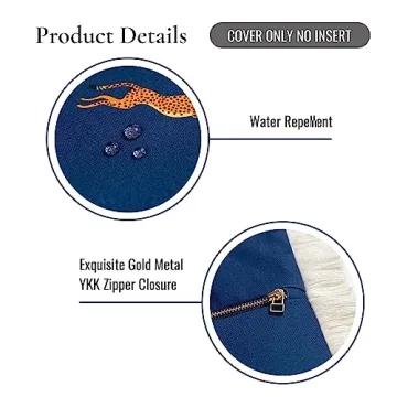 Hofdeco Premium Tropical Patio Indoor Outdoor Pillow Cover Only, 20"x20" Water Resistant for Backyard, Couch, Navy Blue Leopard Fringe