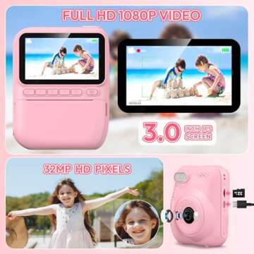 Kids Camera Instant Print -Toddler Portable Travel Print Digital Photo Camera Toy, Holiday Birthday Easter Gift for Kid 3-12 Year Old, Photomaker Kit for 4 5 6 7 8 9 10 Boys Girls（Pink）