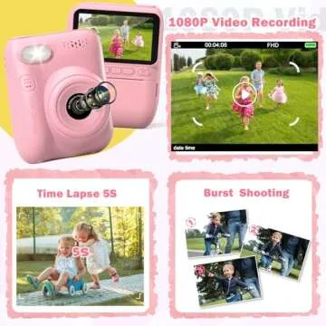 Kids Camera Instant Print -Toddler Portable Travel Print Digital Photo Camera Toy, Holiday Birthday Easter Gift for Kid 3-12 Year Old, Photomaker Kit for 4 5 6 7 8 9 10 Boys Girls（Pink）