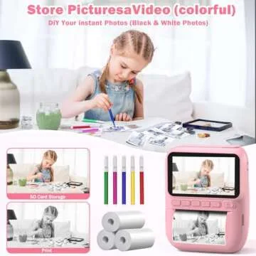 Kids Camera Instant Print -Toddler Portable Travel Print Digital Photo Camera Toy, Holiday Birthday Easter Gift for Kid 3-12 Year Old, Photomaker Kit for 4 5 6 7 8 9 10 Boys Girls（Pink）