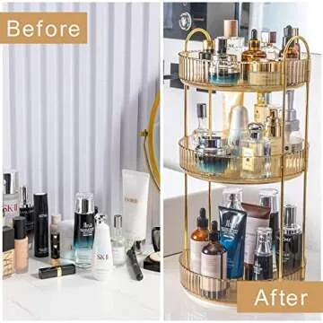 shuang qing Rotating Makeup Organizer for Vanity 3 Tier, High-Capacity Skincare Clear Make Up Storage Perfume Organizers Cosmetic Dresser Organizer Countertop 360 Spinning （Gold）